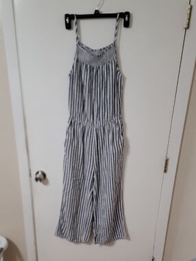 Old Navy Navy and White Striped Smocked Jumpsuit